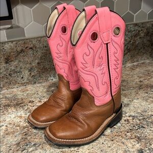 Old West Girls 10 Brown & Pink Leather Cowgirl Boots Square Toe Western